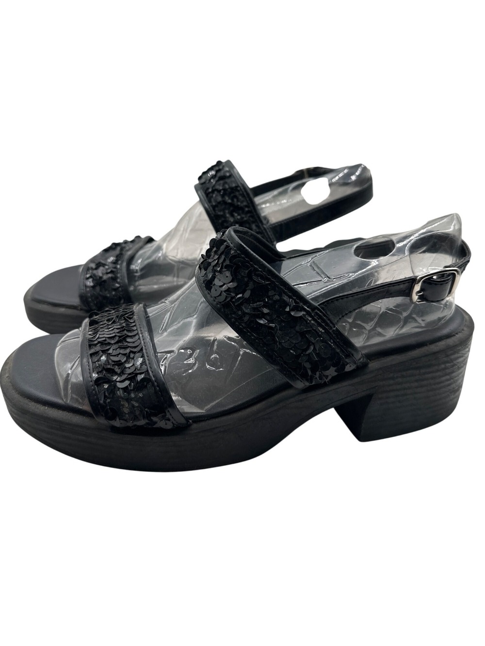Coaster Sandals Size 9 Black  With Sequined Straps & Chunky Heel